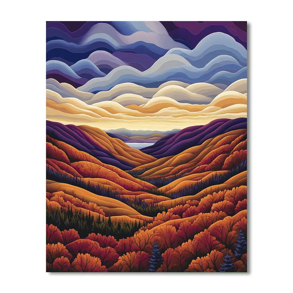 J. E. H. MacDonald Inspired Autumn Burnished Valley With Rolling Cloud Tiers paint by color