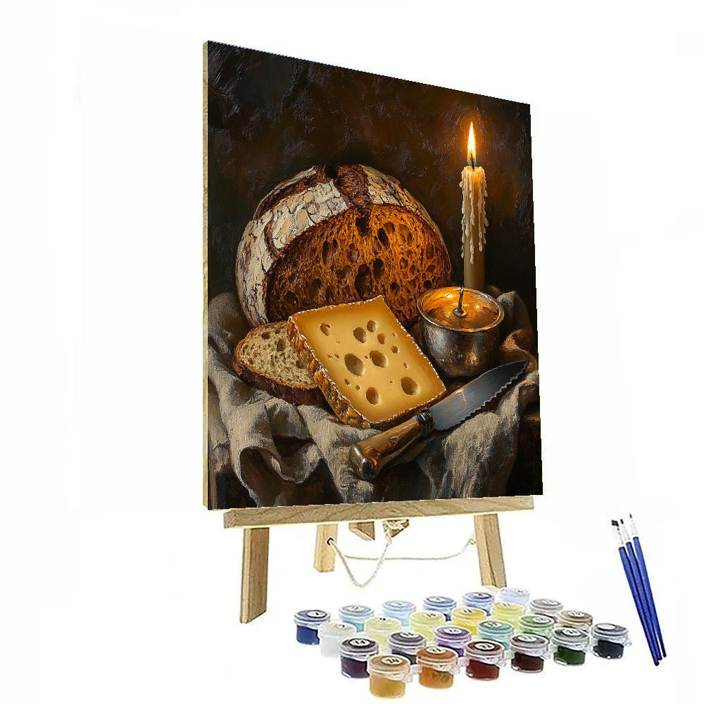 Rembrandt Inspired Candlelit Still Life Bread And Cheese paint by numbers