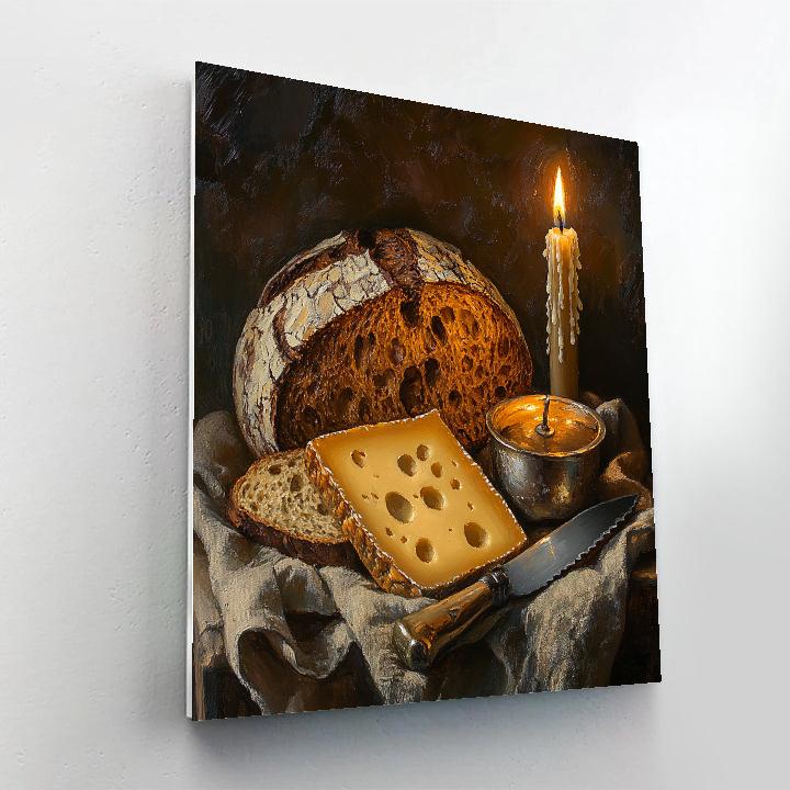 Rembrandt Inspired Candlelit Still Life Bread And Cheese paint by numbers