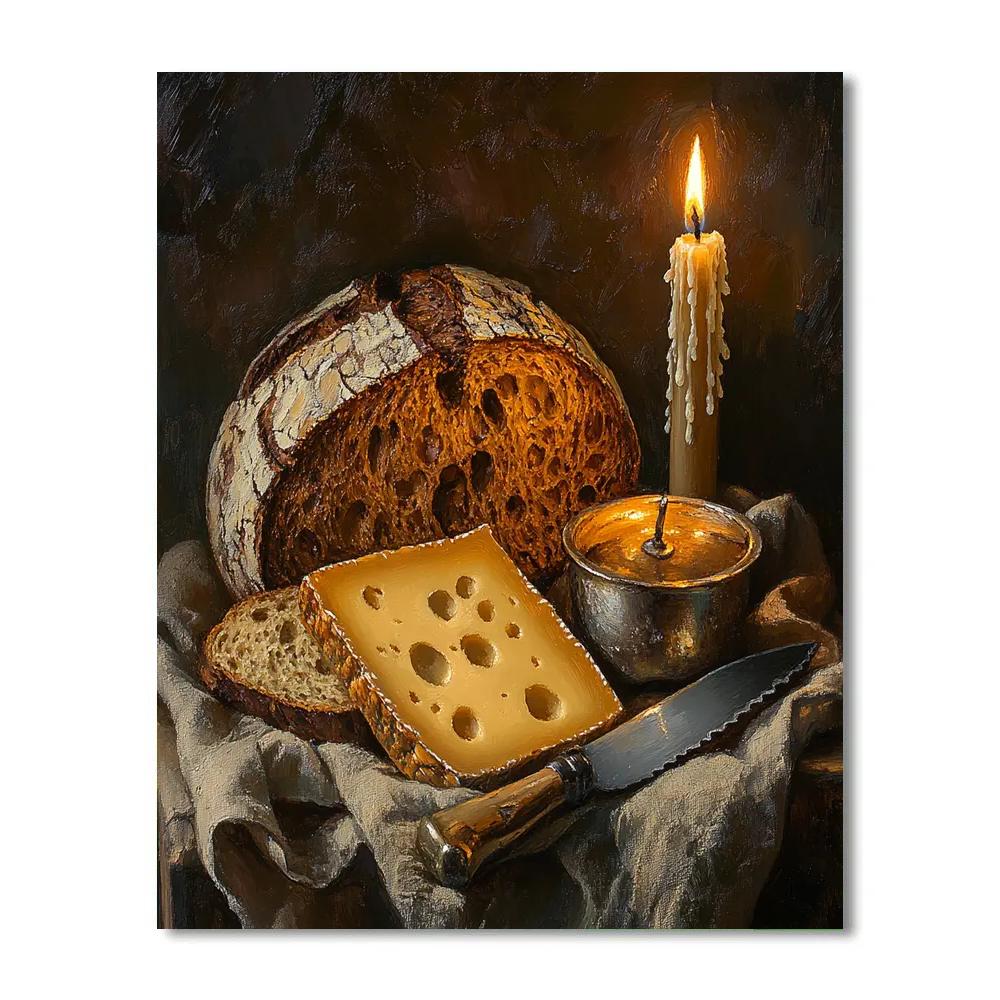 Rembrandt Inspired Candlelit Still Life Bread And Cheese paint by numbers