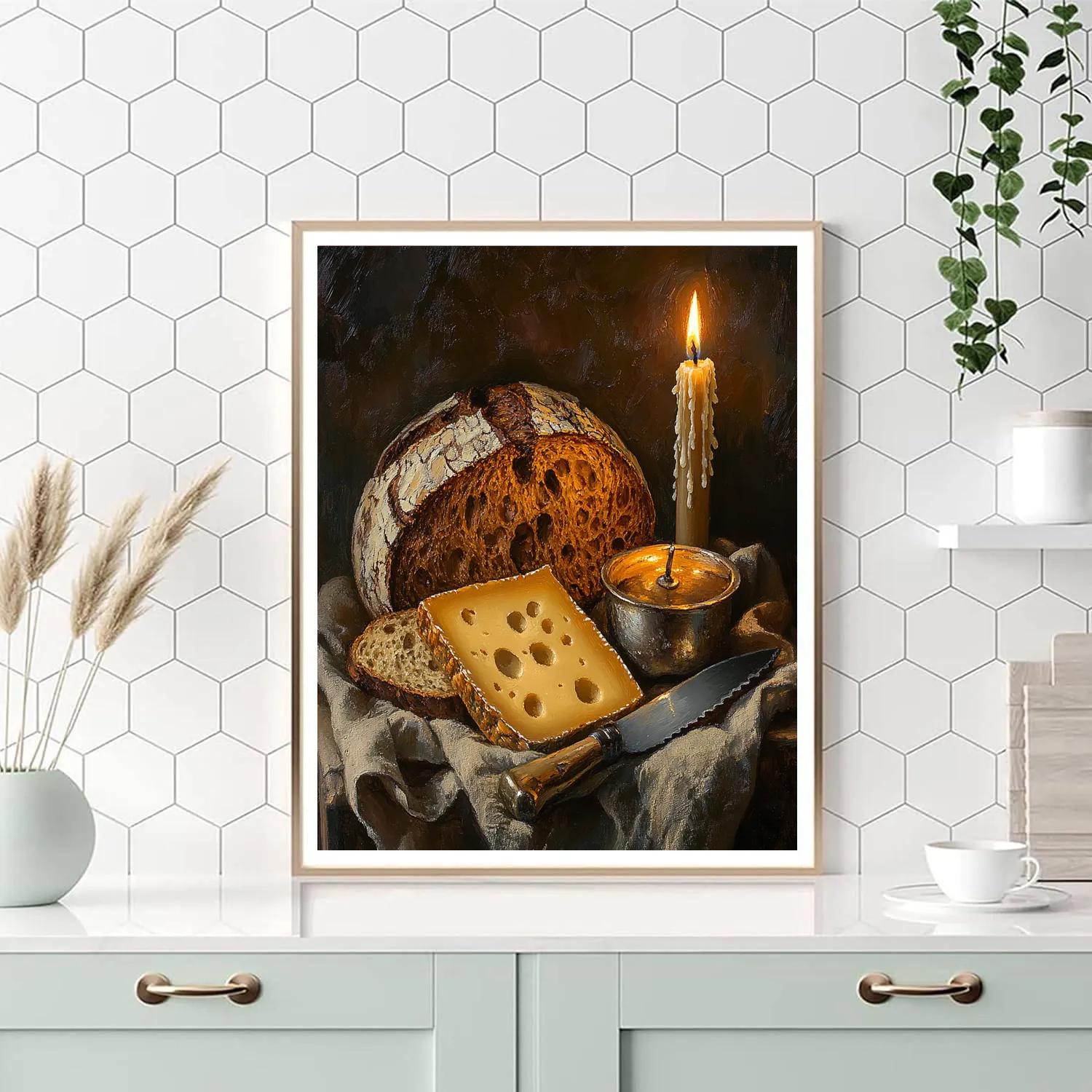 Rembrandt Inspired Candlelit Still Life Bread And Cheese paint by numbers