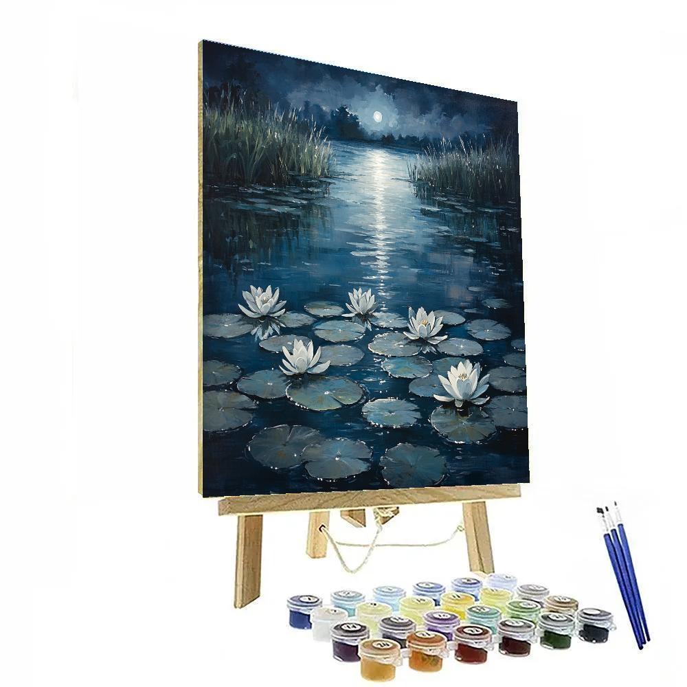 Claude Monet Inspired Moonlit Lily Pond In Cool Pearl Paint by numbers art