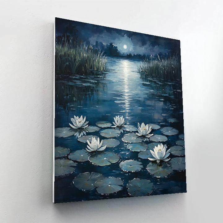 Claude Monet Inspired Moonlit Lily Pond In Cool Pearl Paint by numbers art
