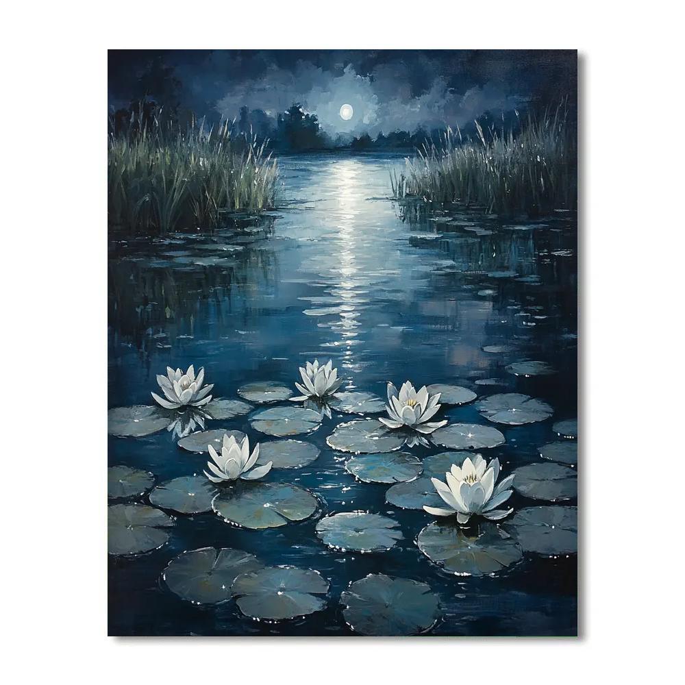 Claude Monet Inspired Moonlit Lily Pond In Cool Pearl Paint by numbers art