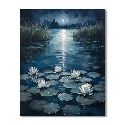 Claude Monet Inspired Moonlit Lily Pond In Cool Pearl Paint by numbers art