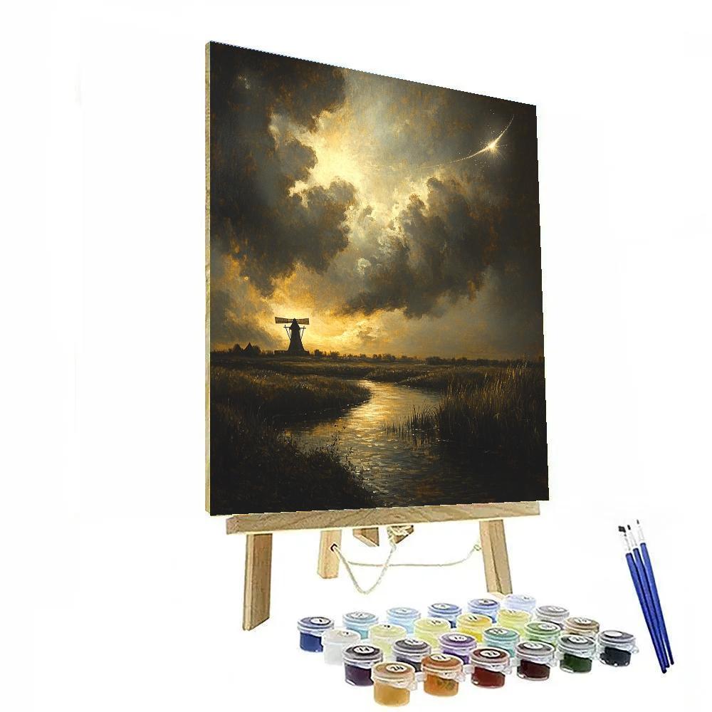 Rembrandt Inspired Comet Lit River Bend And Windmill Silhouette DIY paint by numbers