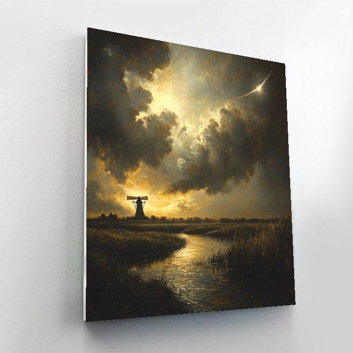 Rembrandt Inspired Comet Lit River Bend And Windmill Silhouette DIY paint by numbers