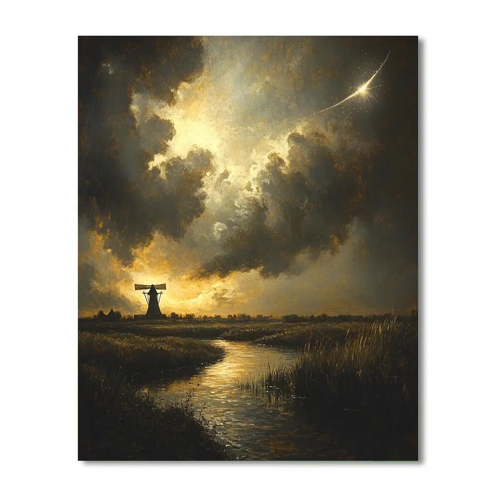 Rembrandt Inspired Comet Lit River Bend And Windmill Silhouette DIY paint by numbers