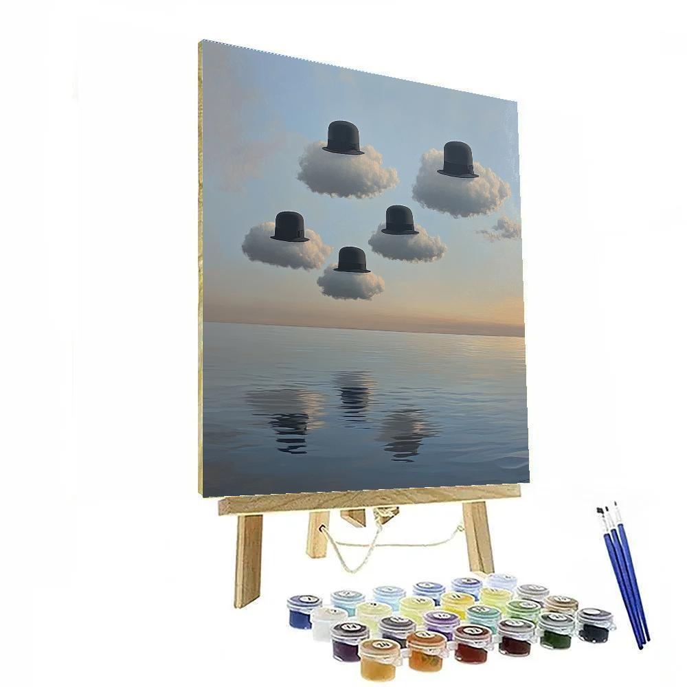 René Magritte Inspired Floating Bowler Hats Over Sea paint by color