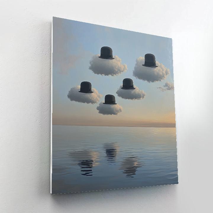 René Magritte Inspired Floating Bowler Hats Over Sea paint by color