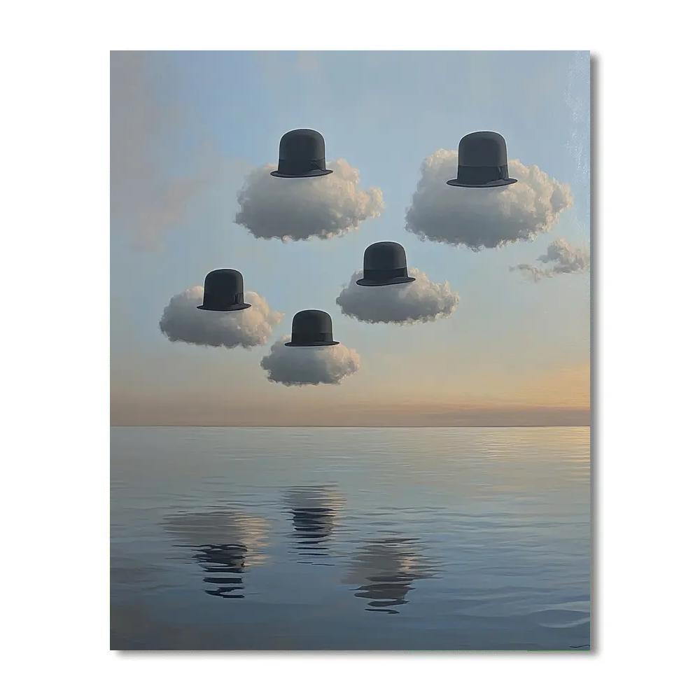René Magritte Inspired Floating Bowler Hats Over Sea paint by color