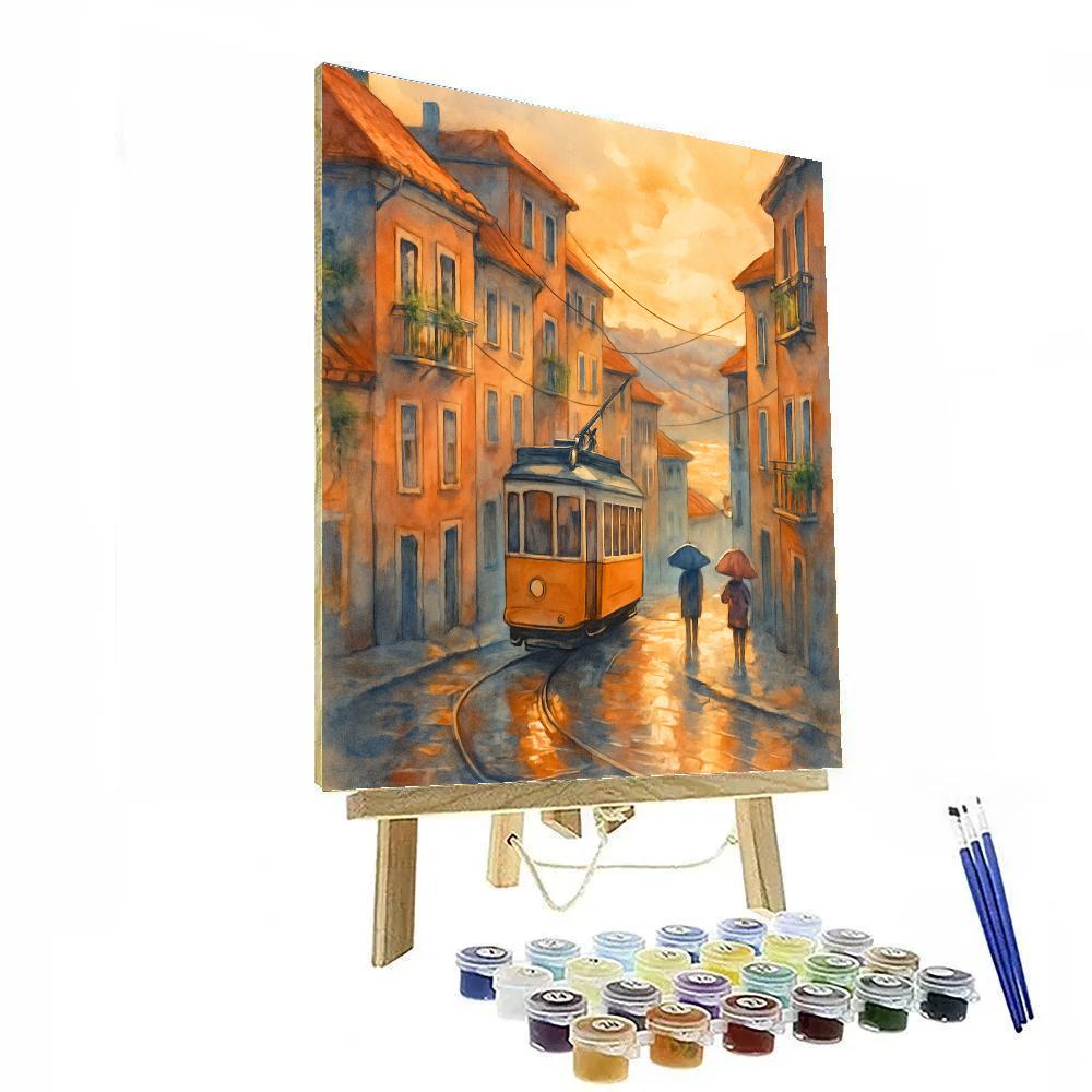 Sunlit Tram Corner After Rain paint by color