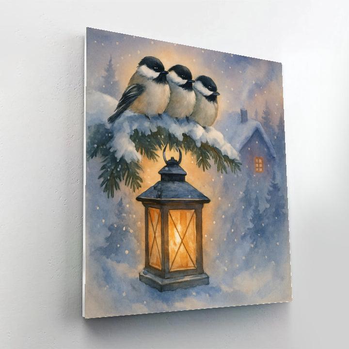 Snow Lantern Chickadees DIY paint by numbers