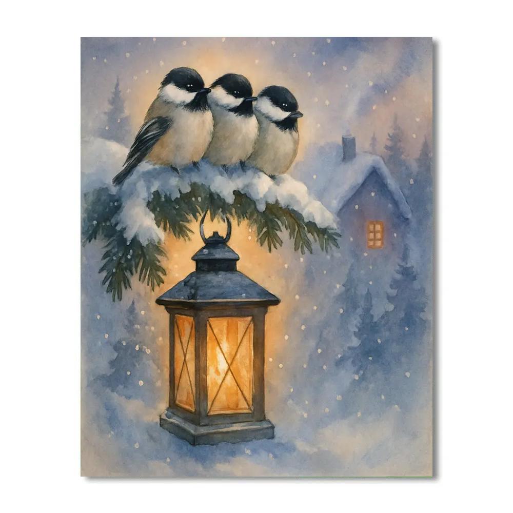 Snow Lantern Chickadees DIY paint by numbers