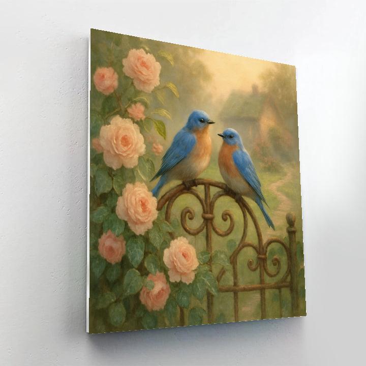 Garden Gate Bluebirds At Dawn Painting by numbers kit