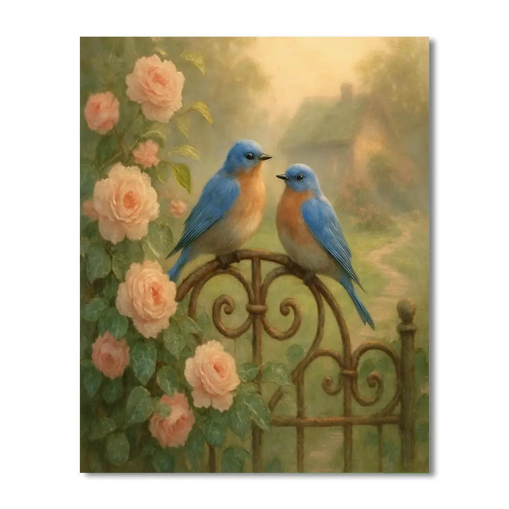 Garden Gate Bluebirds At Dawn Painting by numbers kit