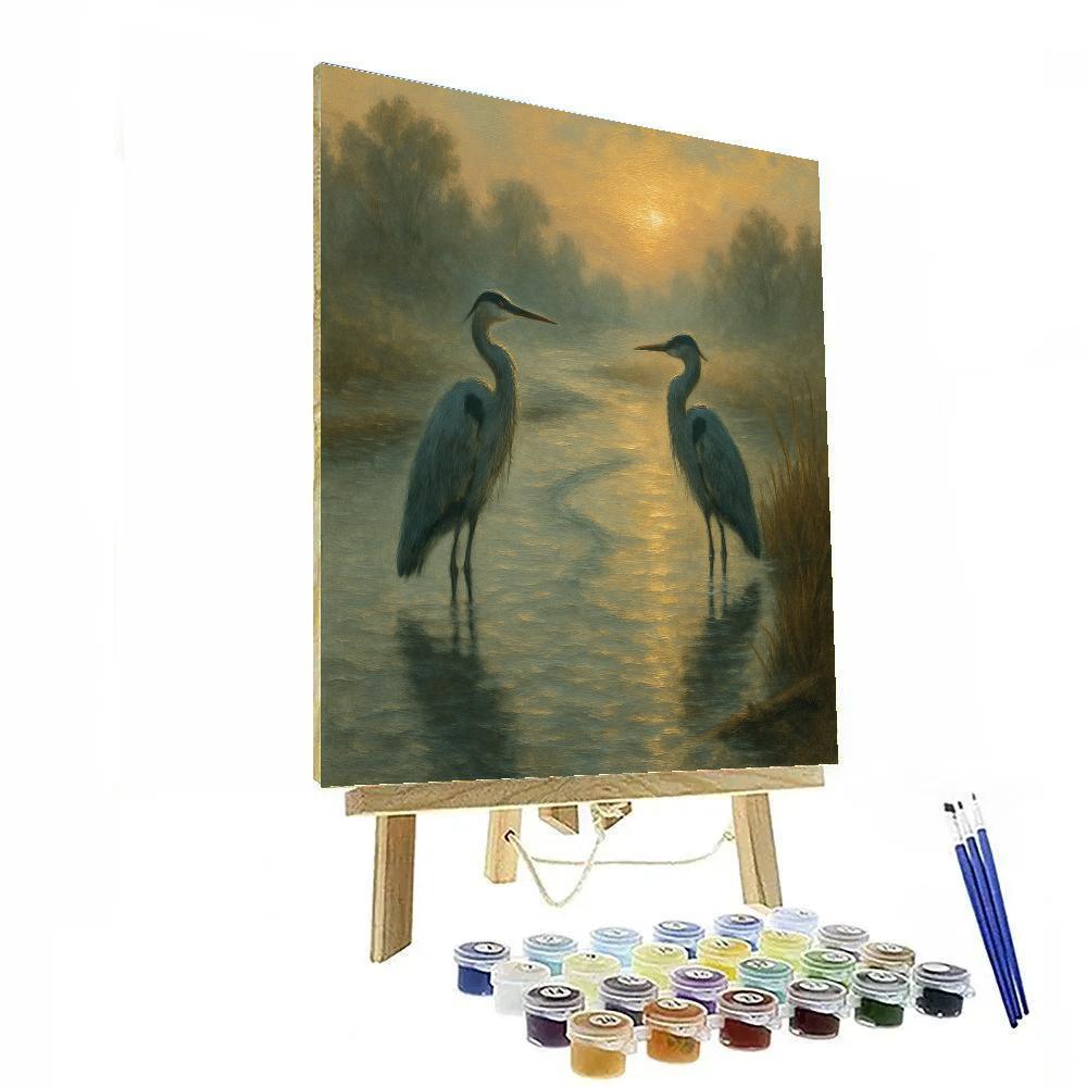 Riverbend Herons In Amber Fog painting number kit