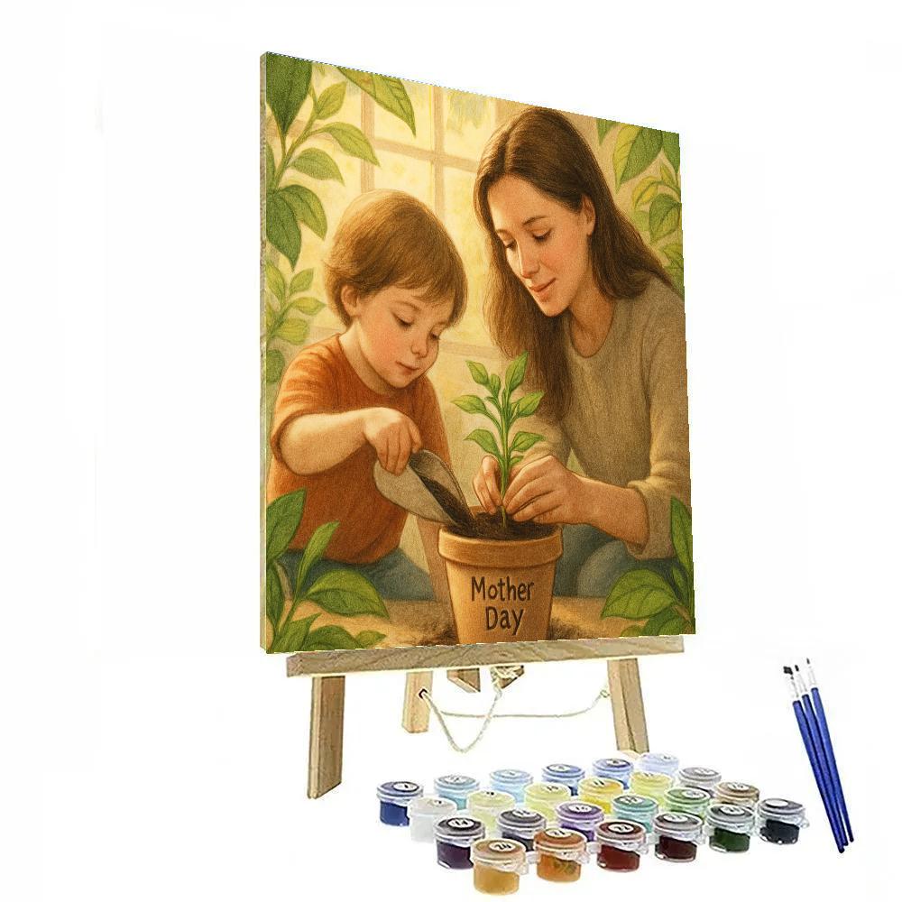 Mother And Child Planting A Balcony Herb Pot paint by numbers