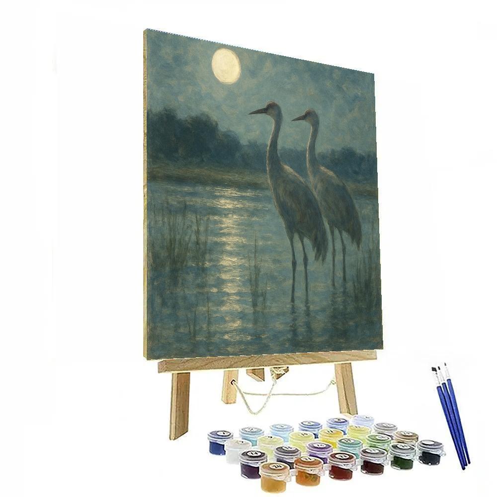 Moonlit Marsh Cranes painting number kit