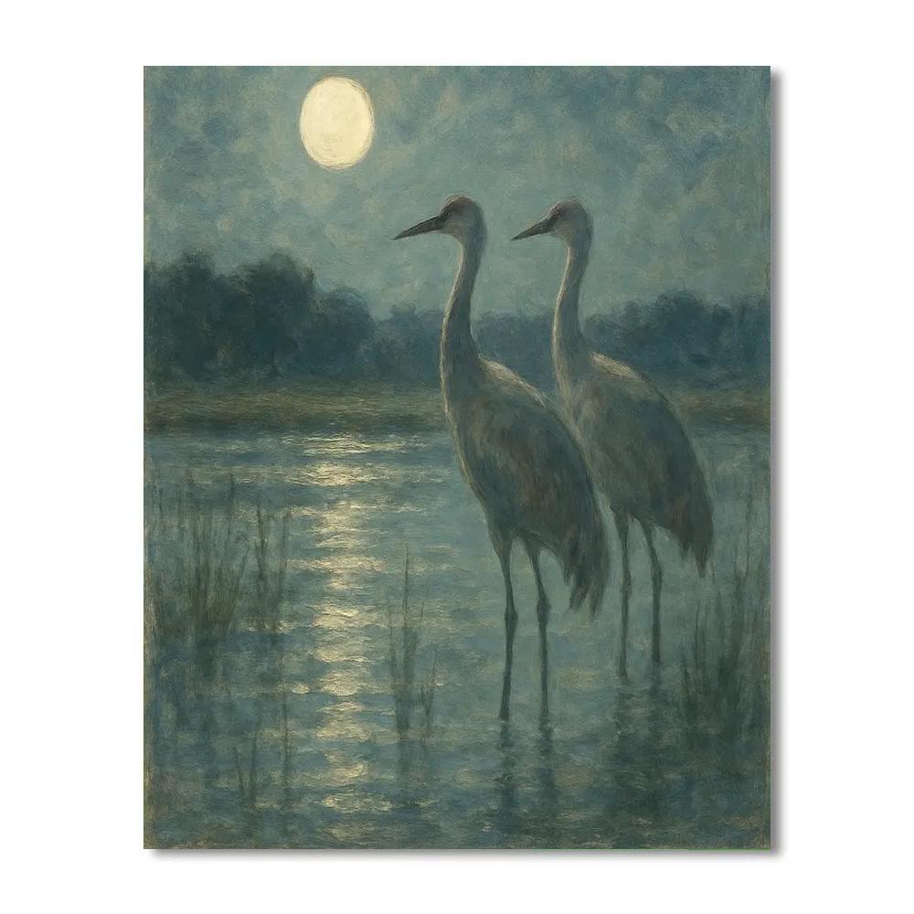 Moonlit Marsh Cranes painting number kit