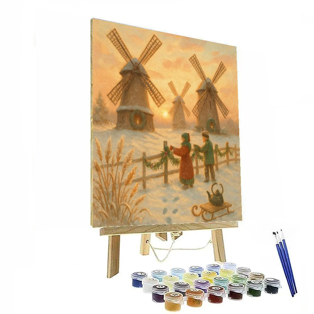 Cinnamon Sunrise Over Snowy Windmills paint by color