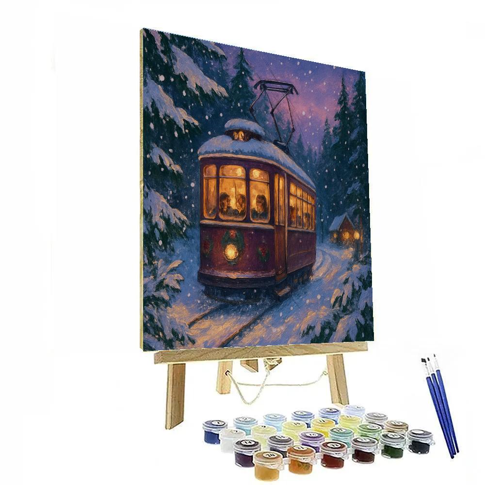 Twilight Tram Through Snowy Pines Number painting