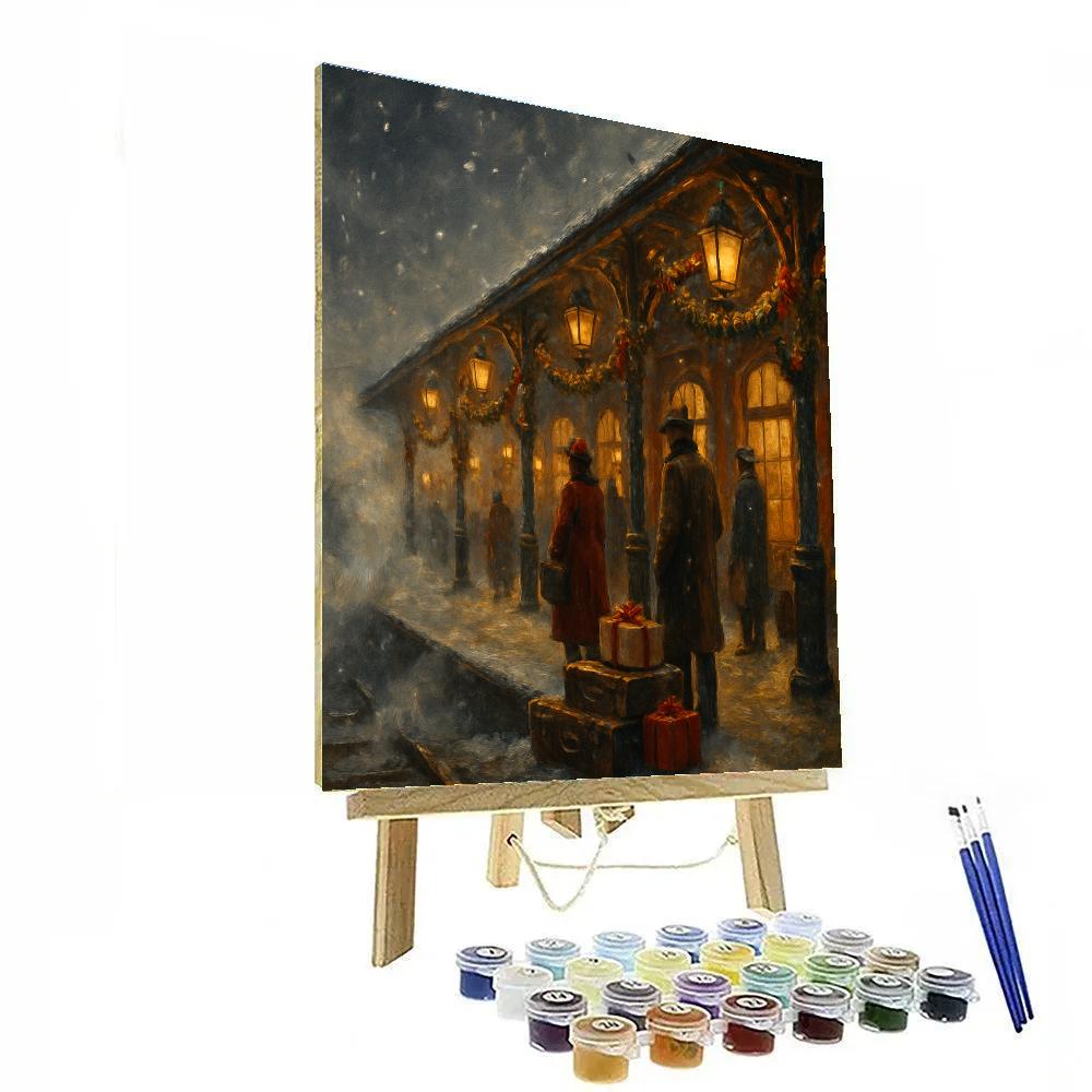 Snowbound Train Station Lantern Row Painting by numbers kit