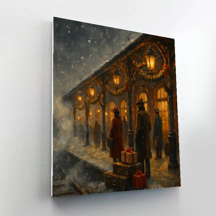 Snowbound Train Station Lantern Row Painting by numbers kit