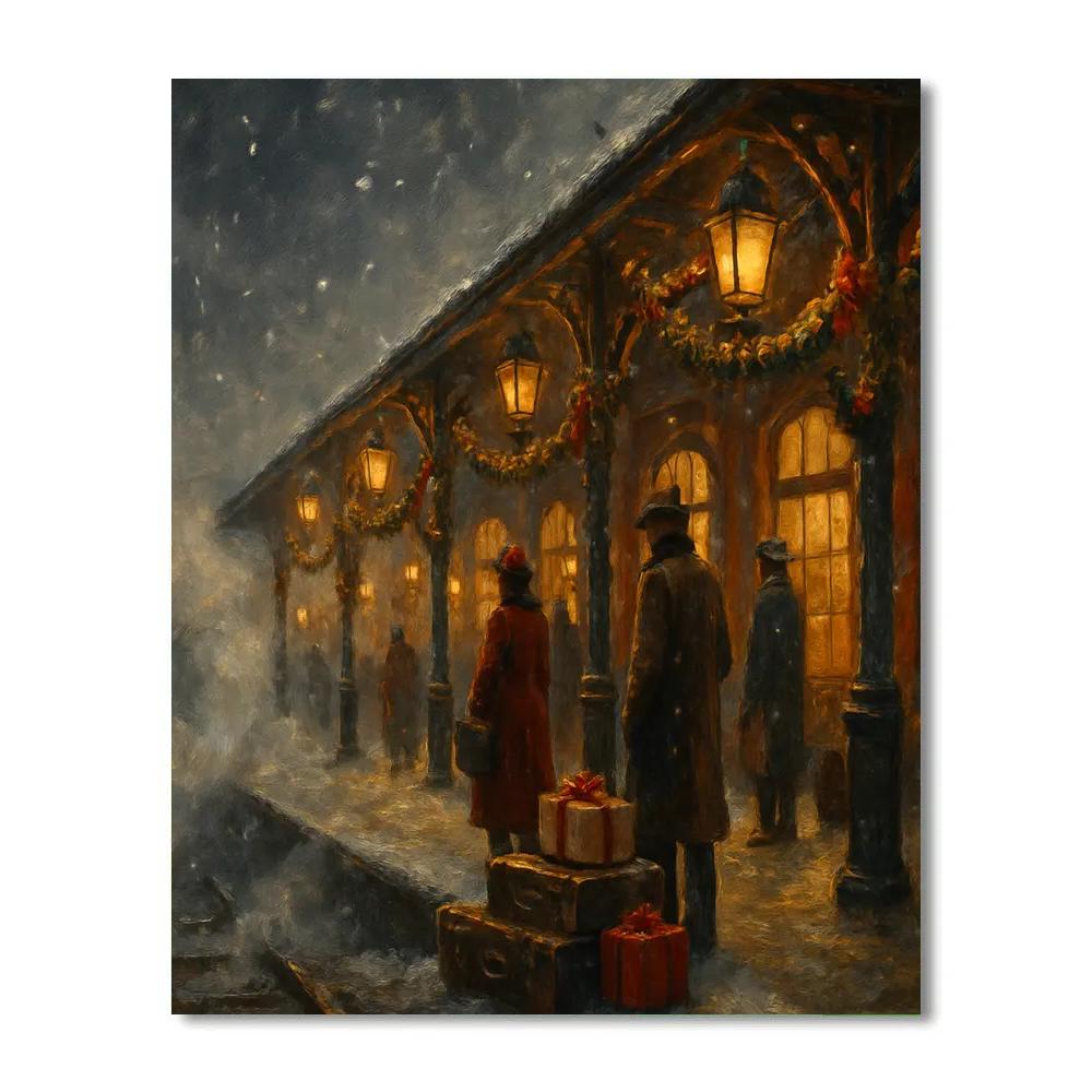 Snowbound Train Station Lantern Row Painting by numbers kit
