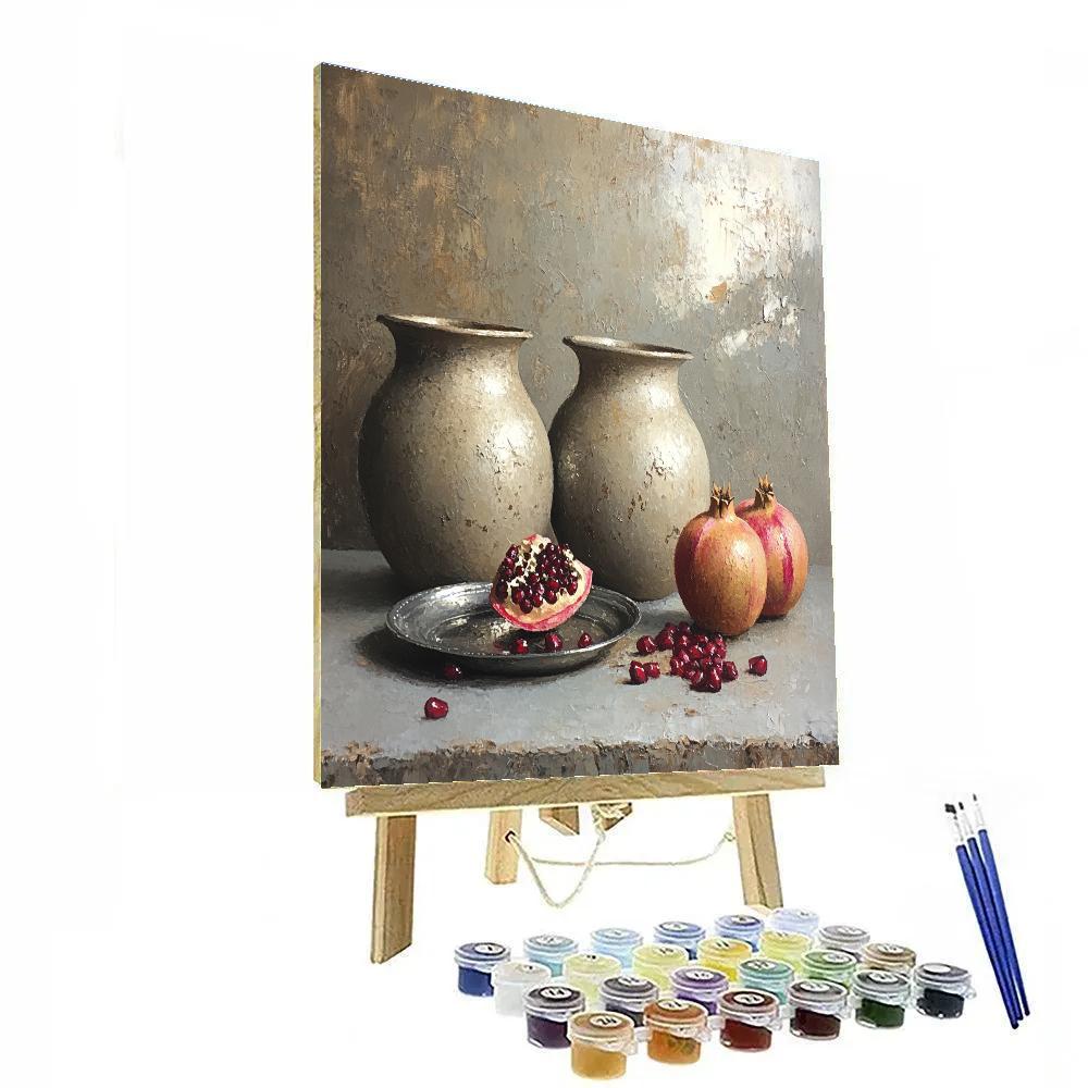 Diego Velázquez Inspired Silvery Bodegón Of Earthenware Jars And Split Pomegranates painting number kit