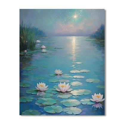 Claude Monet Inspired Water Lilies Under Moonlit Nebula paint by number