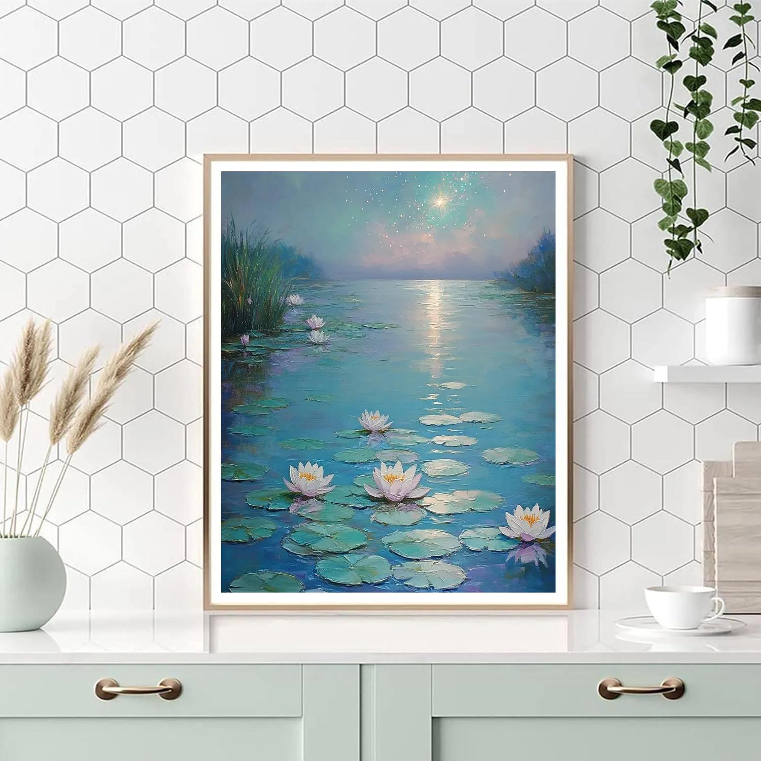 Claude Monet Inspired Water Lilies Under Moonlit Nebula paint by number