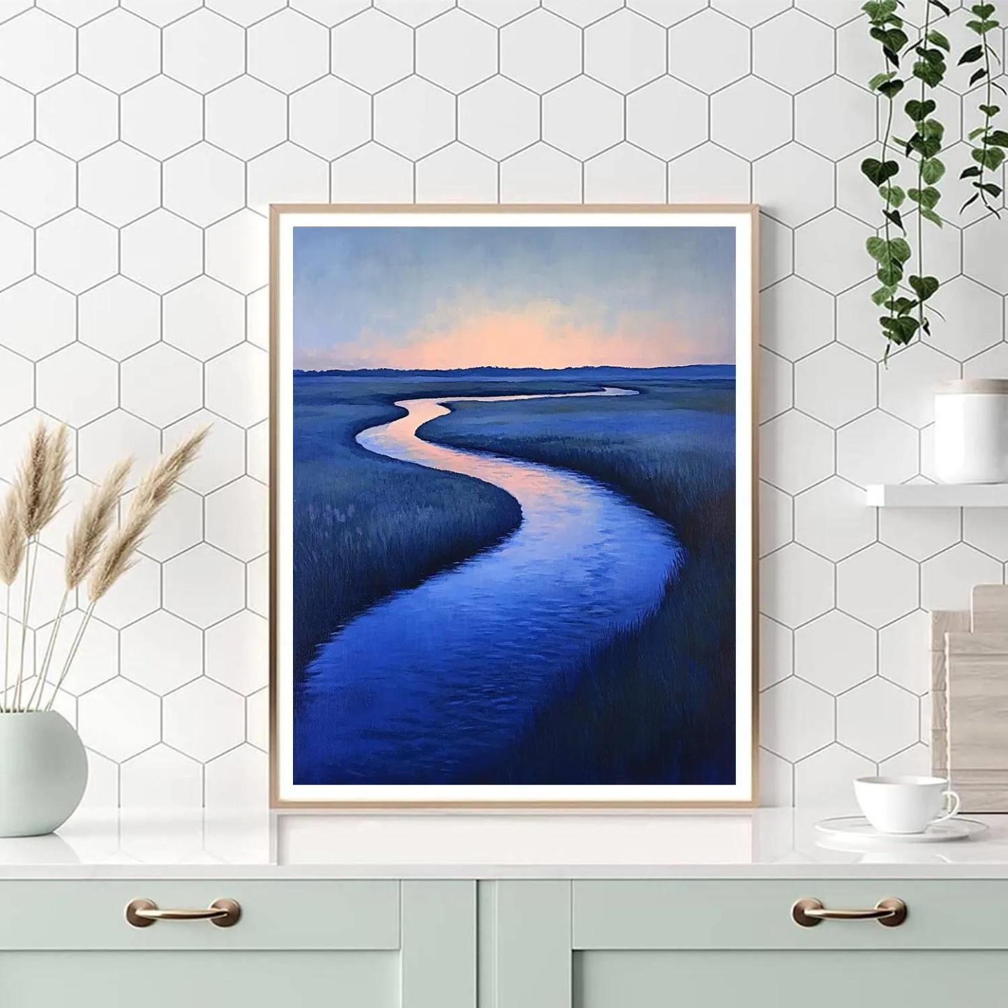 Claude Monet Inspired Twilight Riverbend In Cobalt And Rose paint by numbers