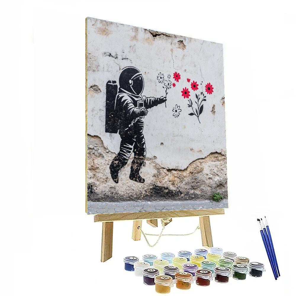 Banksy Inspired Stencil Of Astronaut With Bouquet paint by number