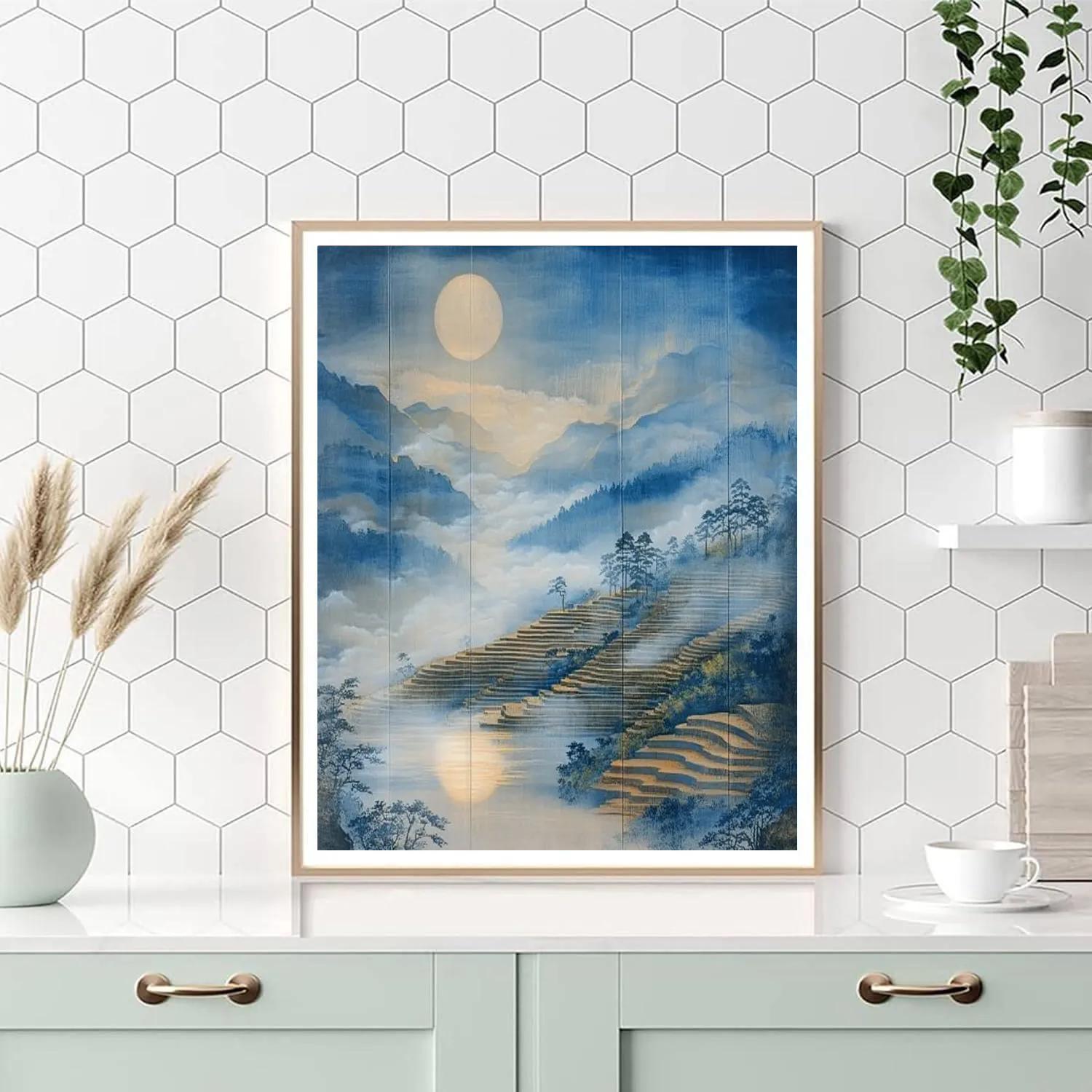Hiroshige Inspired Moonlit Mist Over Silent Rice Terraces Painting by numbers kit