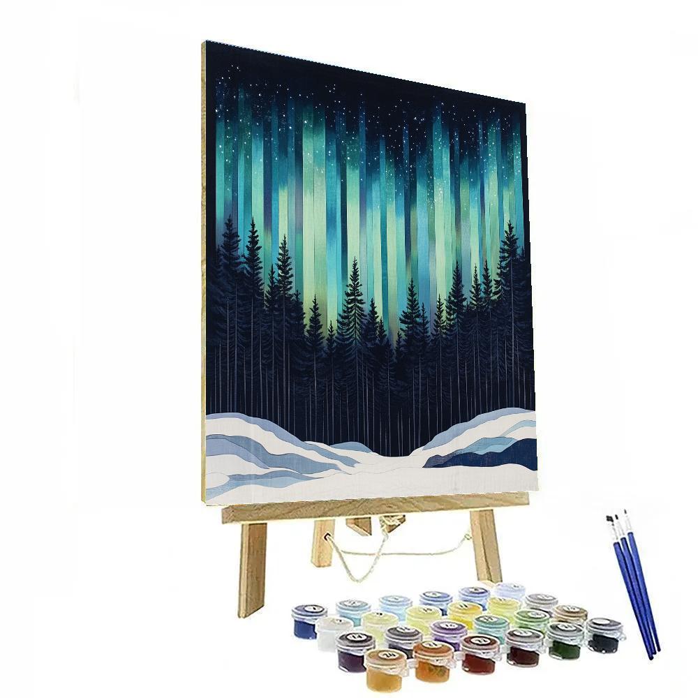 Hiroshige Inspired Aurora Rain Above Winter Pines paint by numbers