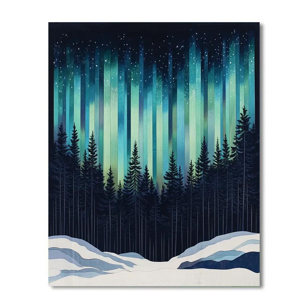 Hiroshige Inspired Aurora Rain Above Winter Pines paint by numbers