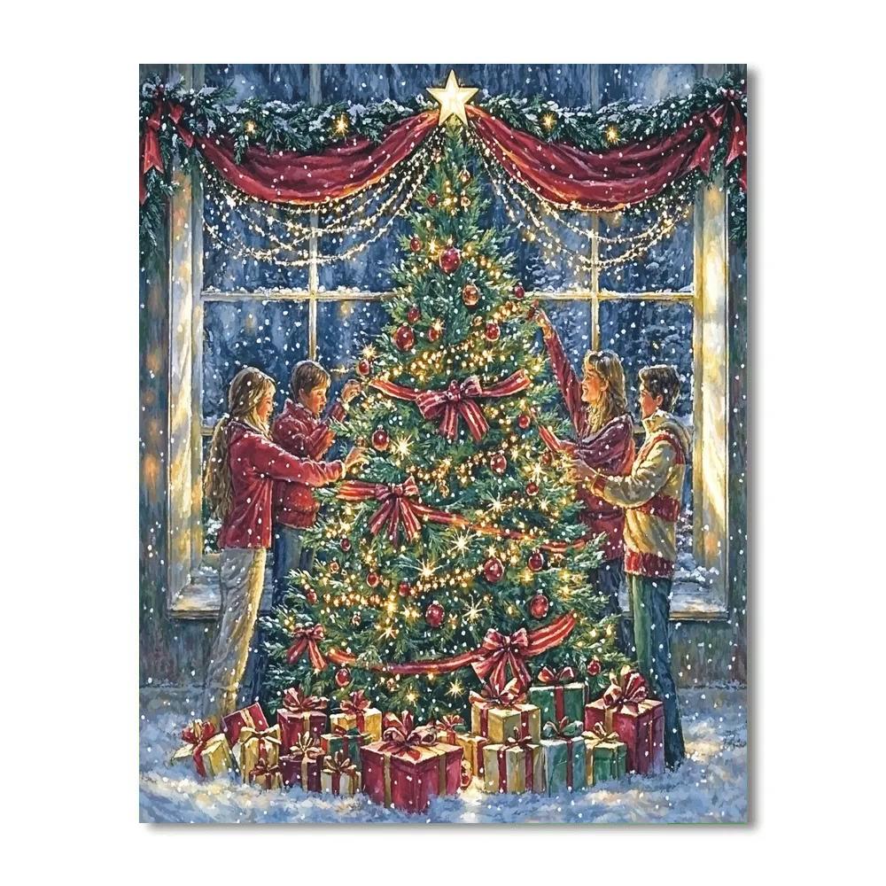 Tree Trimming Under Star Garland paint by number