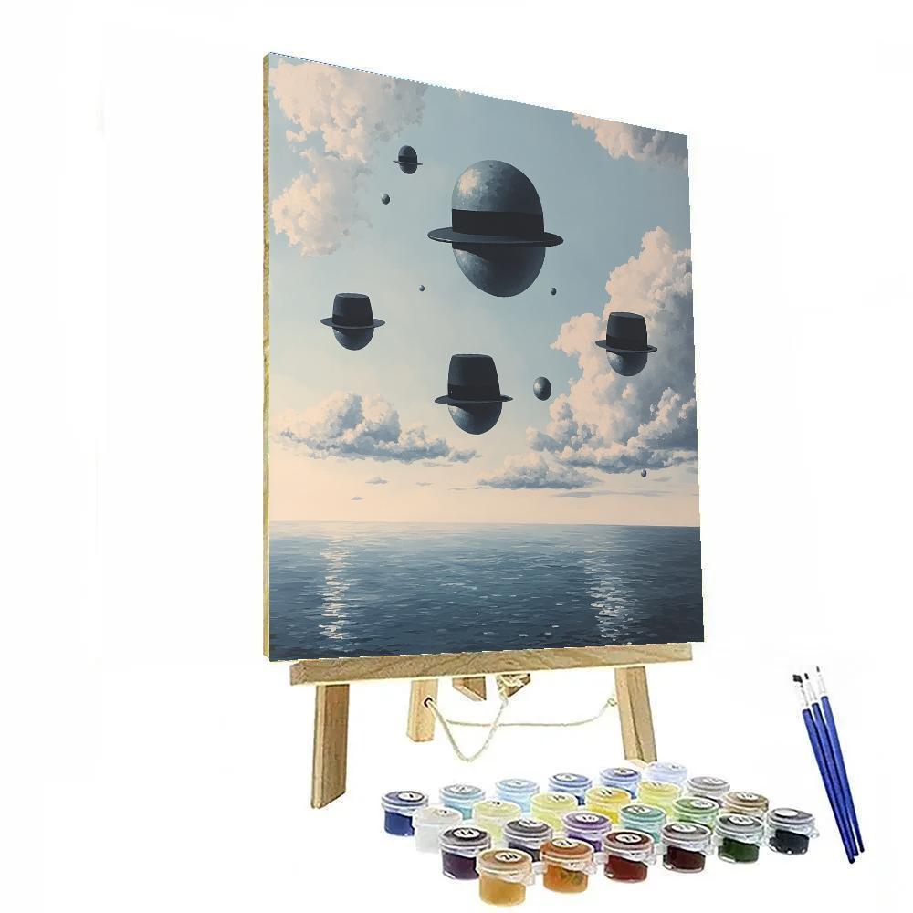 René Magritte Inspired Floating Bowler Hat Planets painting number kit