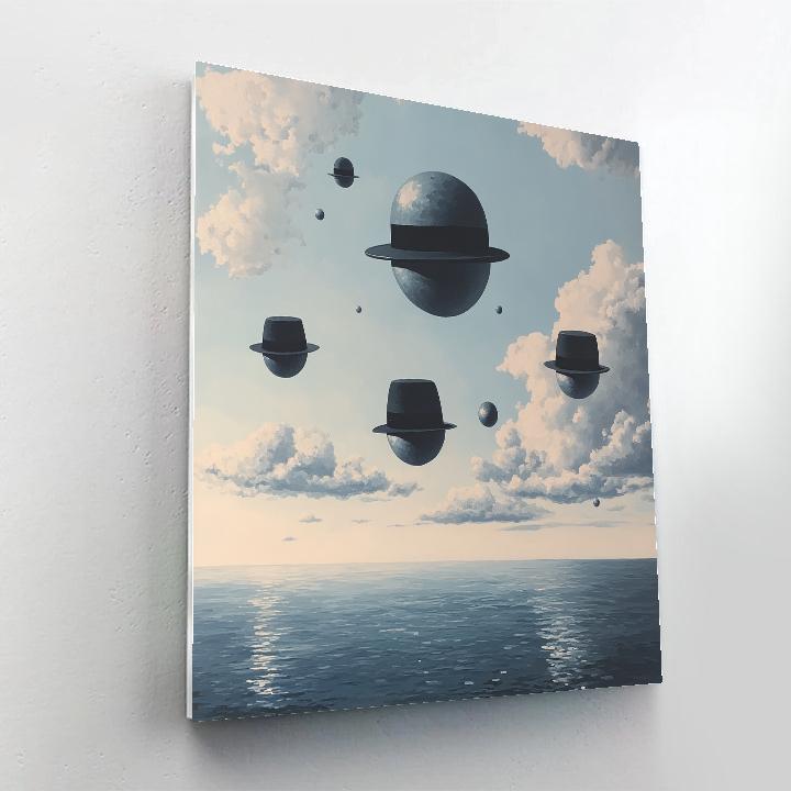 René Magritte Inspired Floating Bowler Hat Planets painting number kit