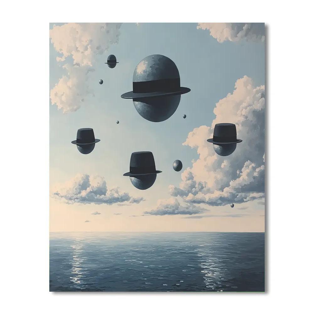 René Magritte Inspired Floating Bowler Hat Planets painting number kit