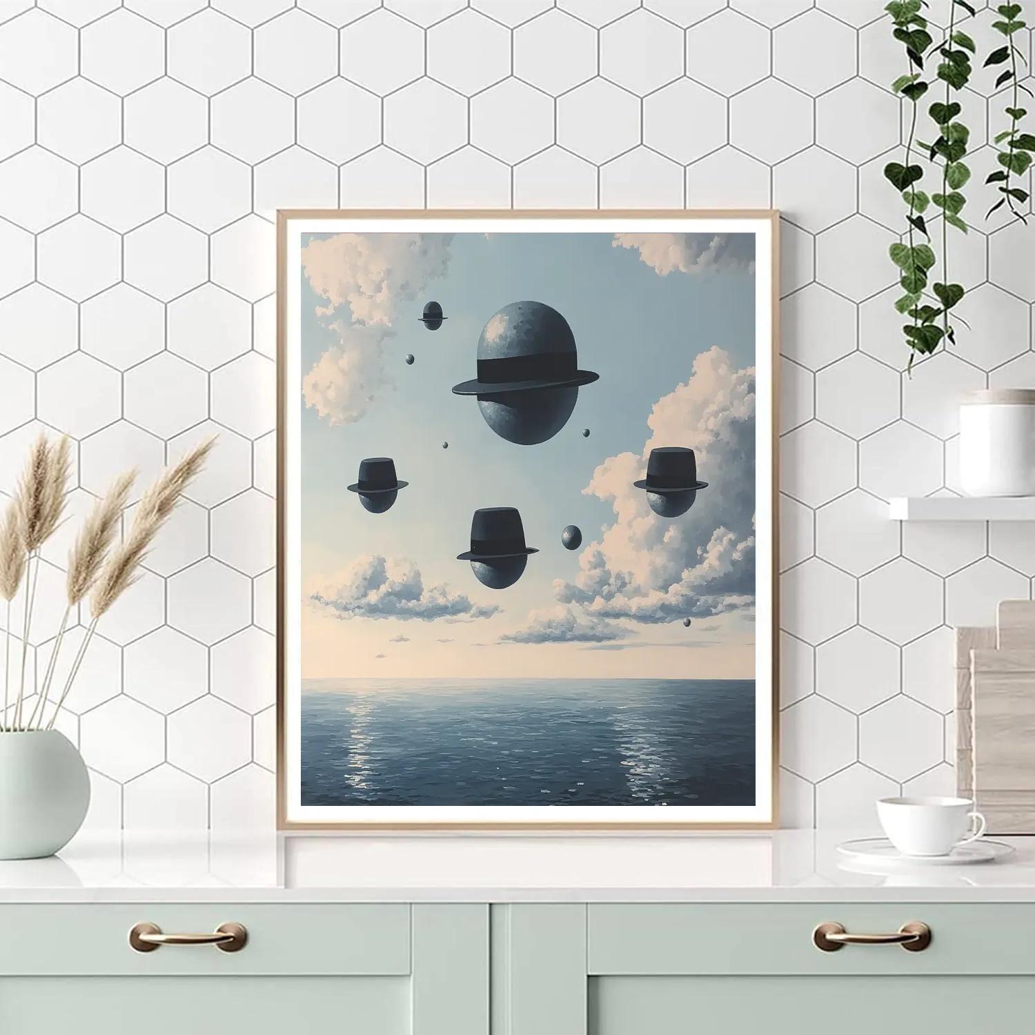 René Magritte Inspired Floating Bowler Hat Planets painting number kit