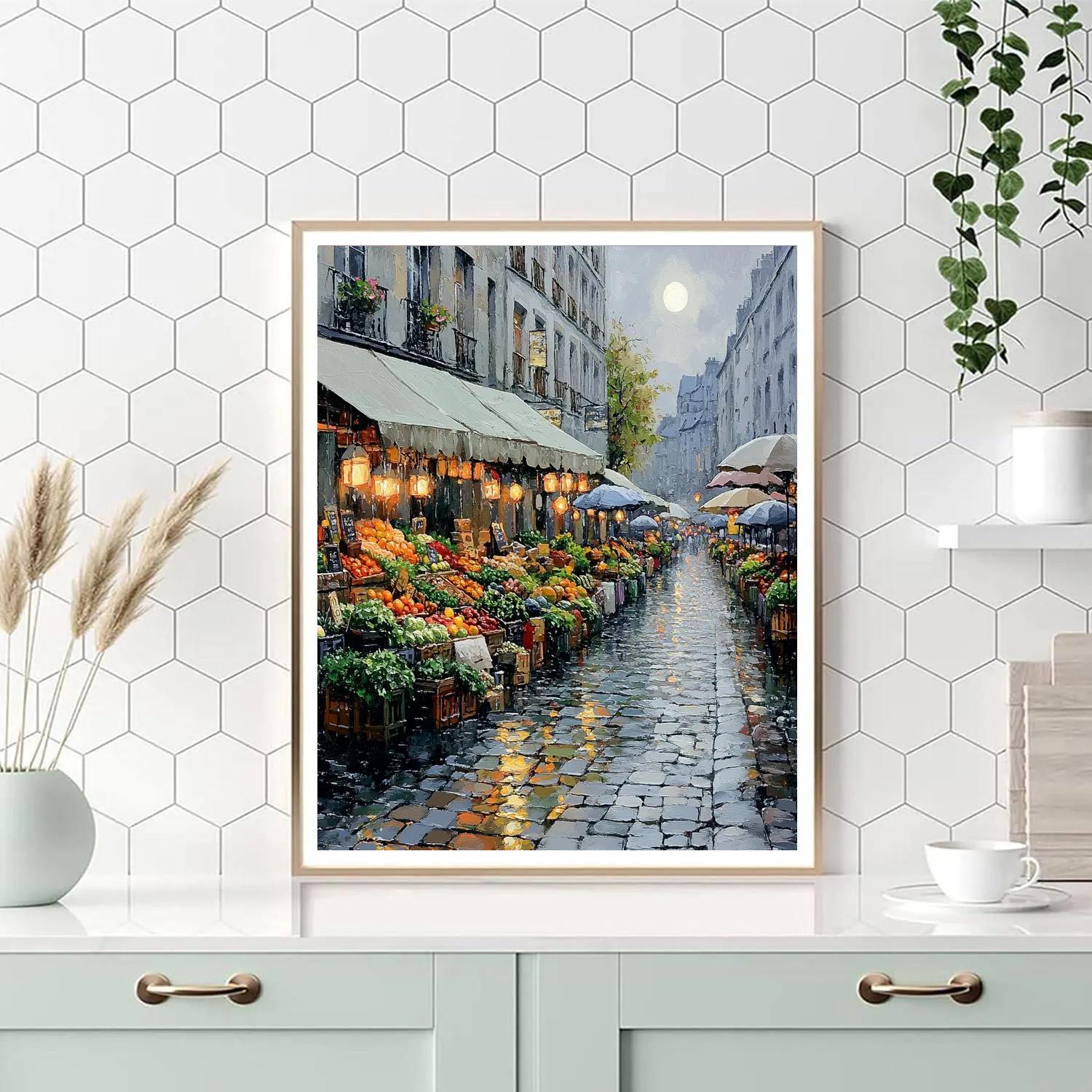 Camille Pissarro Inspired Rainy Market Morning Under Pale Moon Painting by numbers kit