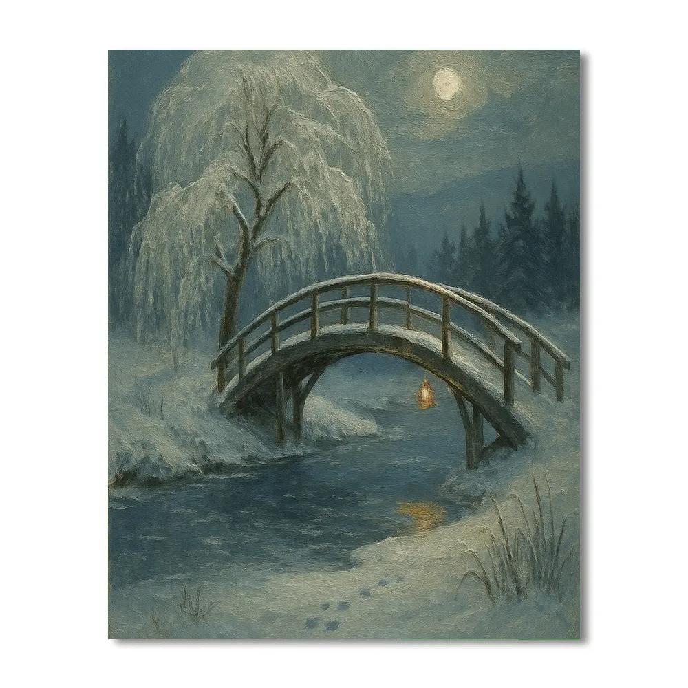 Moonlit Willow Bridge Over Quiet Ice paint by numbers