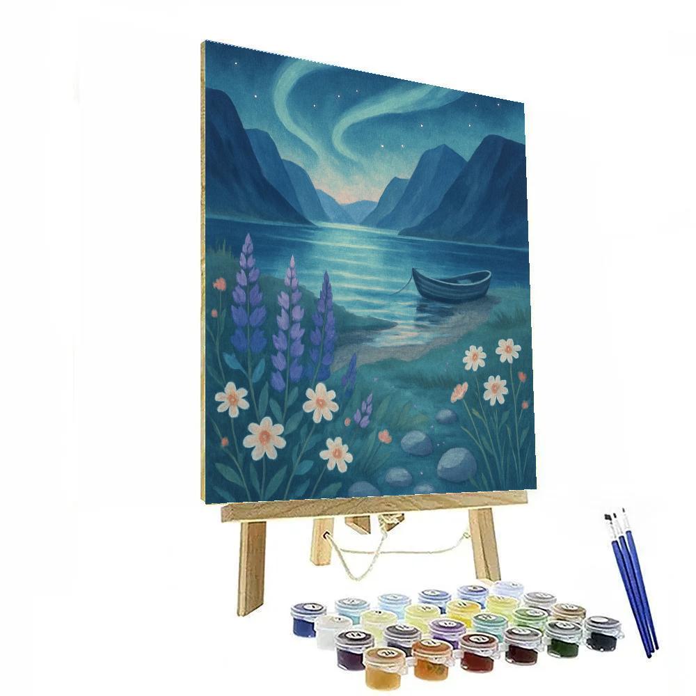 Aurora Over The Quiet Fjord Meadow Number painting