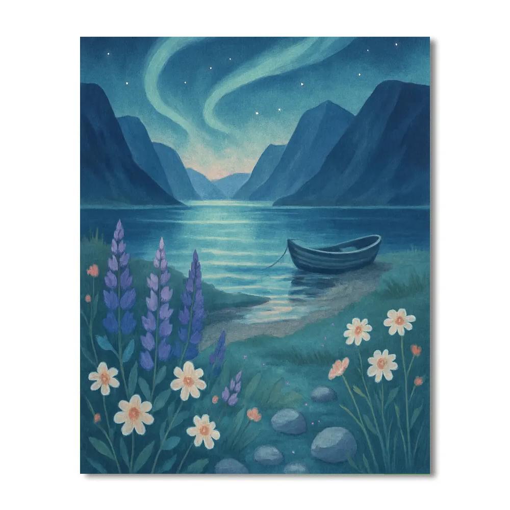 Aurora Over The Quiet Fjord Meadow Number painting