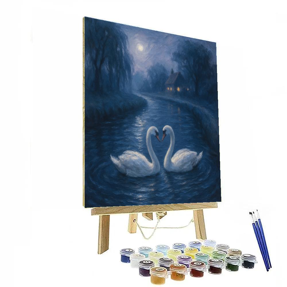 Moonlit Swans On The Quiet Canal Bend Number painting