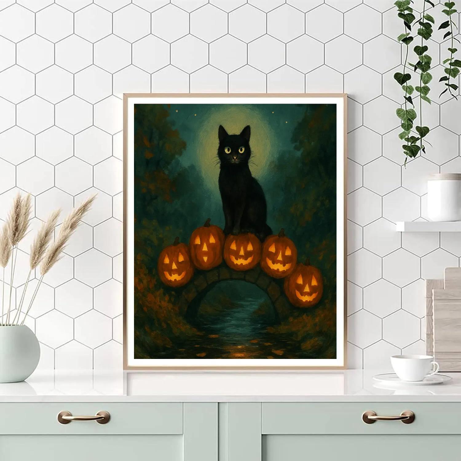 Black Cat Guardian Of The Pumpkin Bridge paint by color