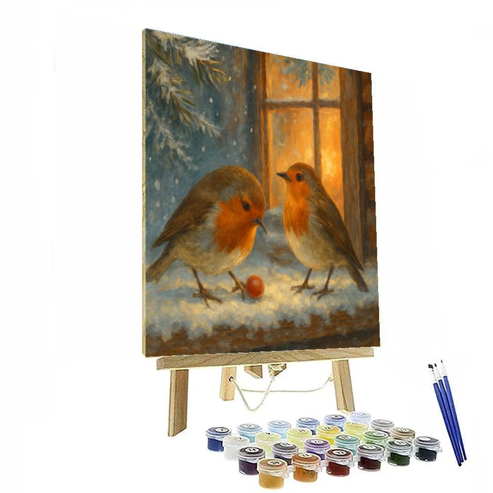 Firelight Robins By The Snowy Window Sill paint by numbers