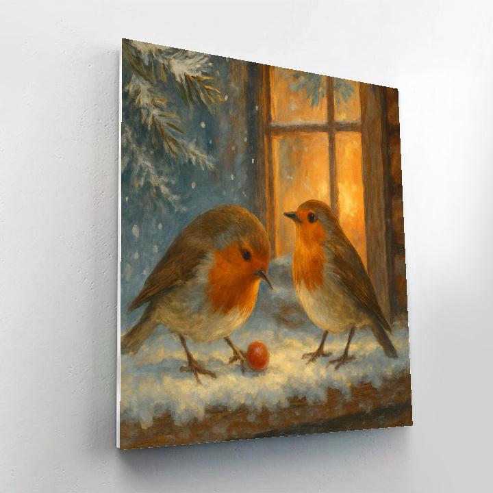 Firelight Robins By The Snowy Window Sill paint by numbers